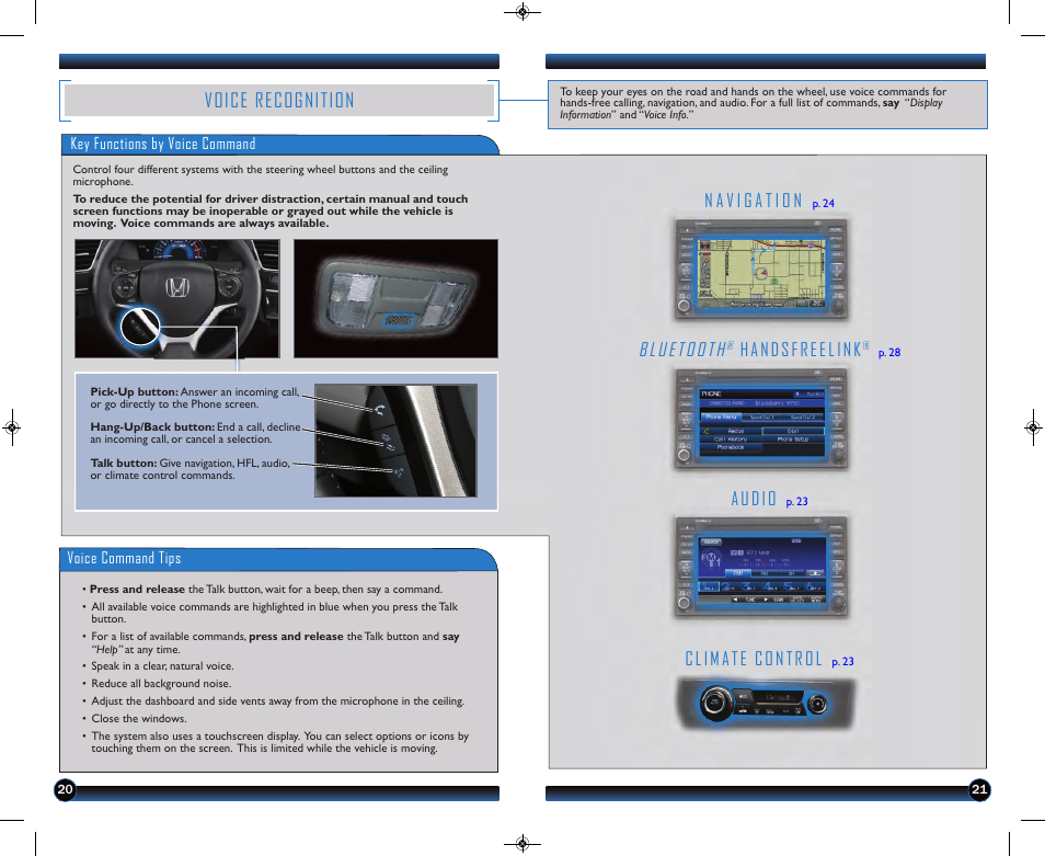 Voice recognition, Bluetooth, Audio | Climate control, Handsfreelink | HONDA 2013 Civic Hybrid (with Navigation) - Technology Reference Guide User Manual | Page 12 / 19