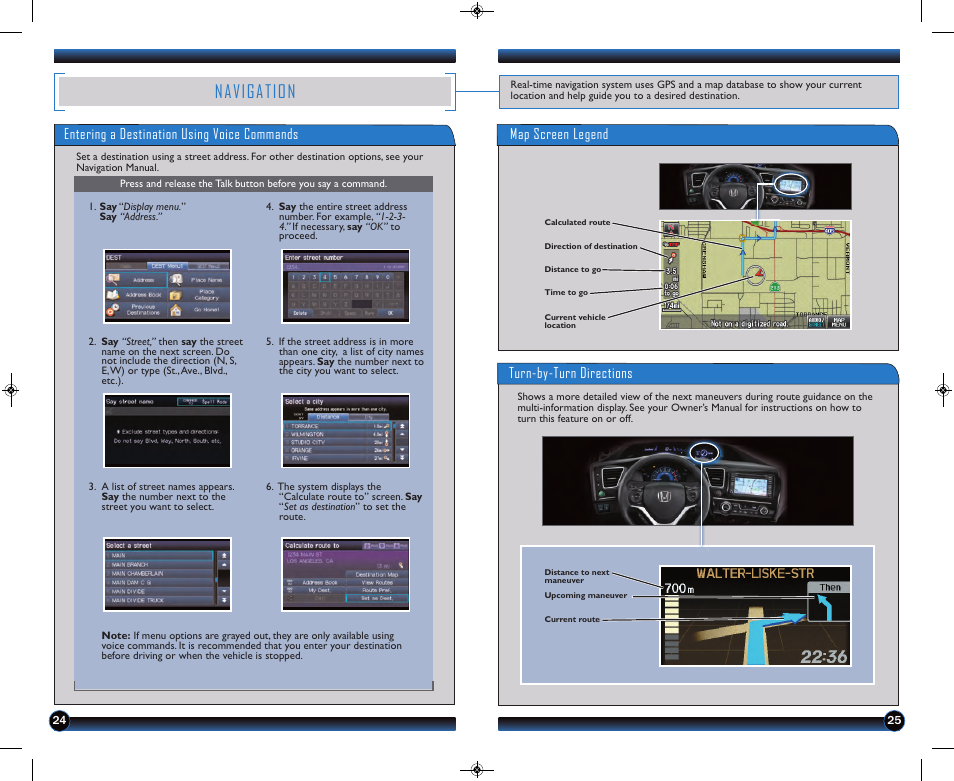 P.24, Navigation, Entering a destination using voice commands | Turn-by-turn directions, Map screen legend | HONDA 2013 Civic Hybrid (with Navigation) - Technology Reference Guide User Manual | Page 14 / 19