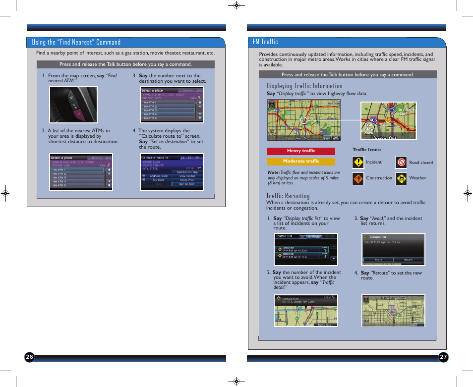 Fm traffic, Using the “find nearest” command, Displaying traffic information | Traffic rerouting | HONDA 2013 Civic Hybrid (with Navigation) - Technology Reference Guide User Manual | Page 15 / 19