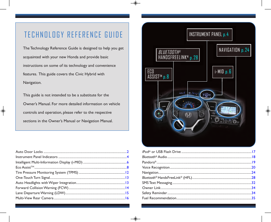 Technology reference guide, Eco assist, P.8 bluetooth | Handsfreelink, P.28 | HONDA 2013 Civic Hybrid (with Navigation) - Technology Reference Guide User Manual | Page 2 / 19