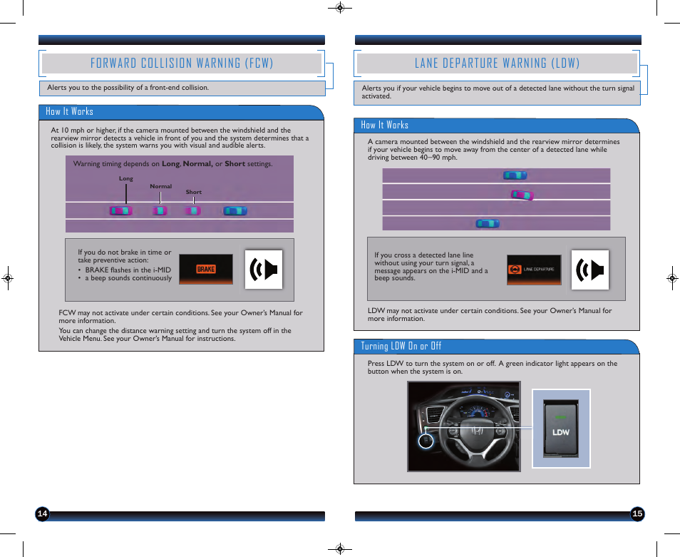 Forward collision warning (fcw), Lane departure warning (ldw) | HONDA 2013 Civic Hybrid (with Navigation) - Technology Reference Guide User Manual | Page 9 / 19