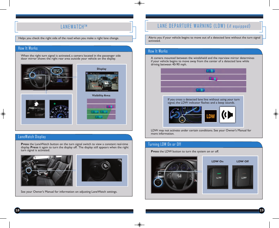 Lanewatch, Lane departure warning (ldw), If equipped | HONDA 2013 Crosstour (EX/EX-L) - Technology Reference Guide User Manual | Page 11 / 20