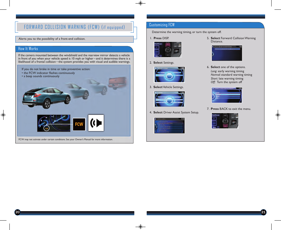 Forward collision warning (fcw), If equipped | HONDA 2013 Crosstour (EX/EX-L) - Technology Reference Guide User Manual | Page 12 / 20