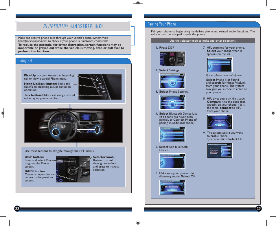 P.22, Bluetooth, Handsfreelink | Using hfl, Pairing your phone | HONDA 2013 Crosstour (EX/EX-L) - Technology Reference Guide User Manual | Page 13 / 20