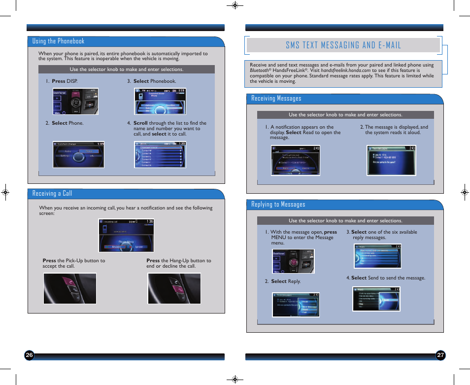 Sms text messaging and e-mail, Receiving a call, Using the phonebook | Receiving messages, Replying to messages | HONDA 2013 Crosstour (EX/EX-L) - Technology Reference Guide User Manual | Page 15 / 20