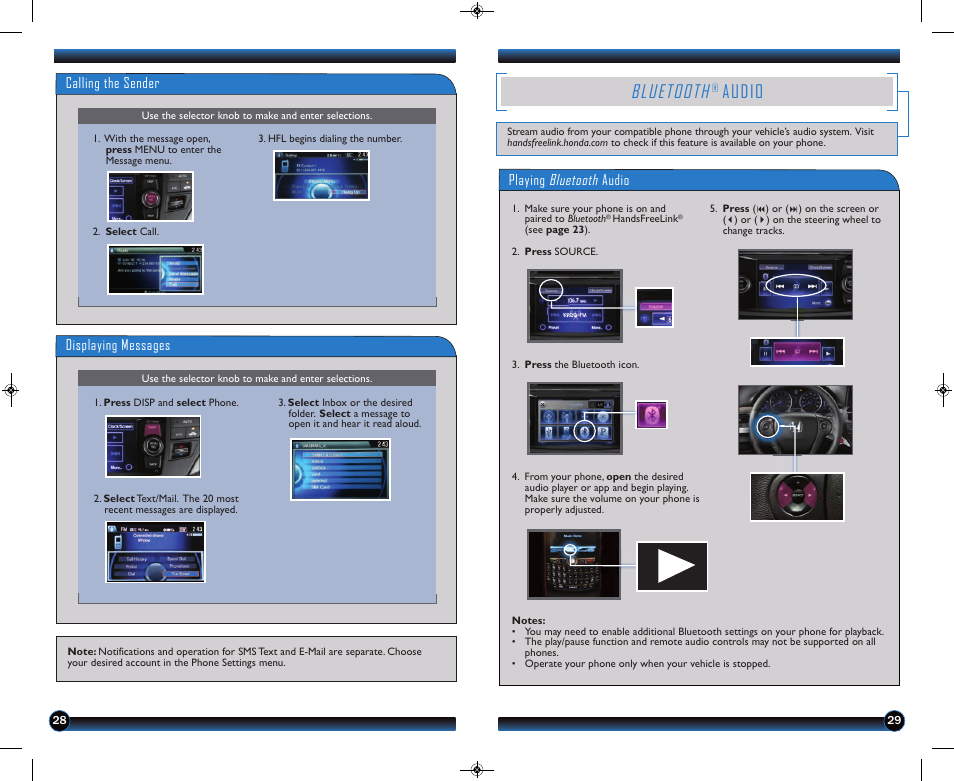 Bluetooth, Audio, Calling the sender | Displaying messages, Playing bluetooth audio | HONDA 2013 Crosstour (EX/EX-L) - Technology Reference Guide User Manual | Page 16 / 20