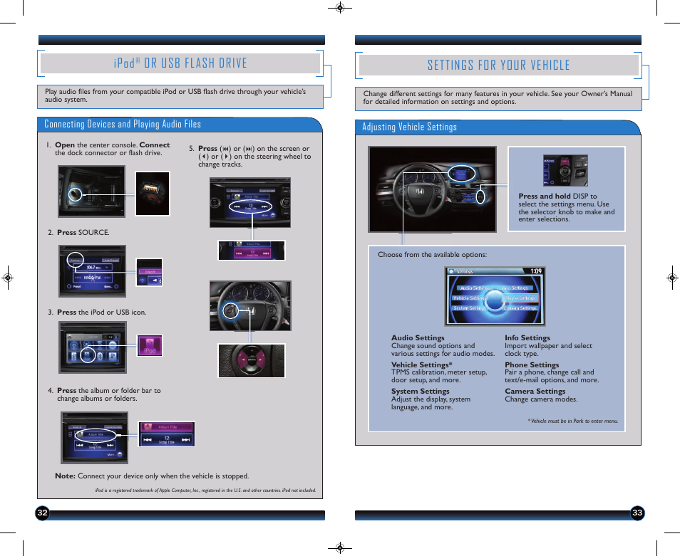 Ipod, Or usb flash drive, Settings for your vehicle | HONDA 2013 Crosstour (EX/EX-L) - Technology Reference Guide User Manual | Page 18 / 20