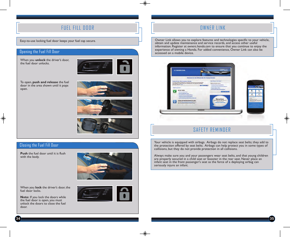 Fuel fill door, Owner link, Safety reminder | HONDA 2013 Crosstour (EX/EX-L) - Technology Reference Guide User Manual | Page 19 / 20