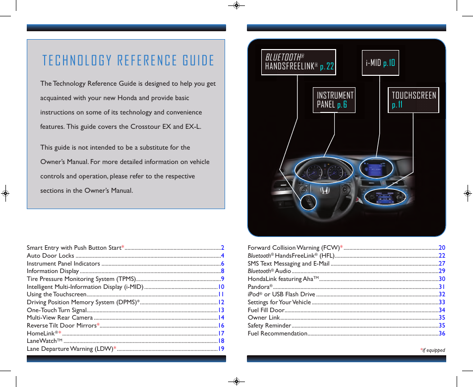 Technology reference guide, Touchscreen p.11 bluetooth, Handsfreelink | HONDA 2013 Crosstour (EX/EX-L) - Technology Reference Guide User Manual | Page 2 / 20