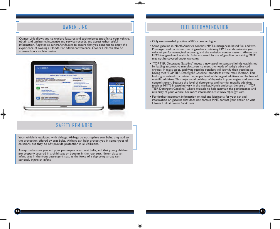 Owner link, Safety reminder, Fuel recommendation | HONDA 2013 Crosstour (EX) - Technology Reference Guide User Manual | Page 9 / 9