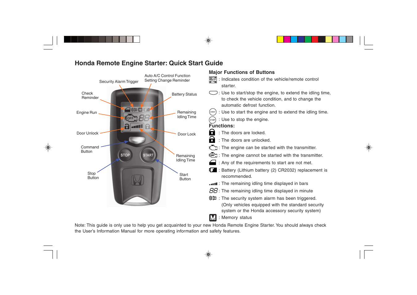 Honda remote engine starter: quick start guide | HONDA 1981 Civic Sedan (Remote Engine Starter) - Quick Start Guide User Manual | Page 2 / 6