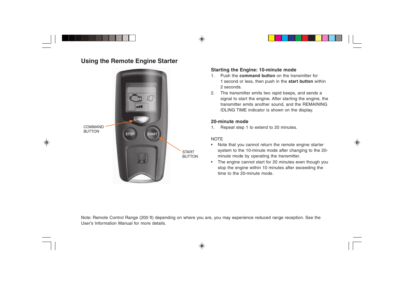 Using the remote engine starter | HONDA 1981 Civic Sedan (Remote Engine Starter) - Quick Start Guide User Manual | Page 3 / 6