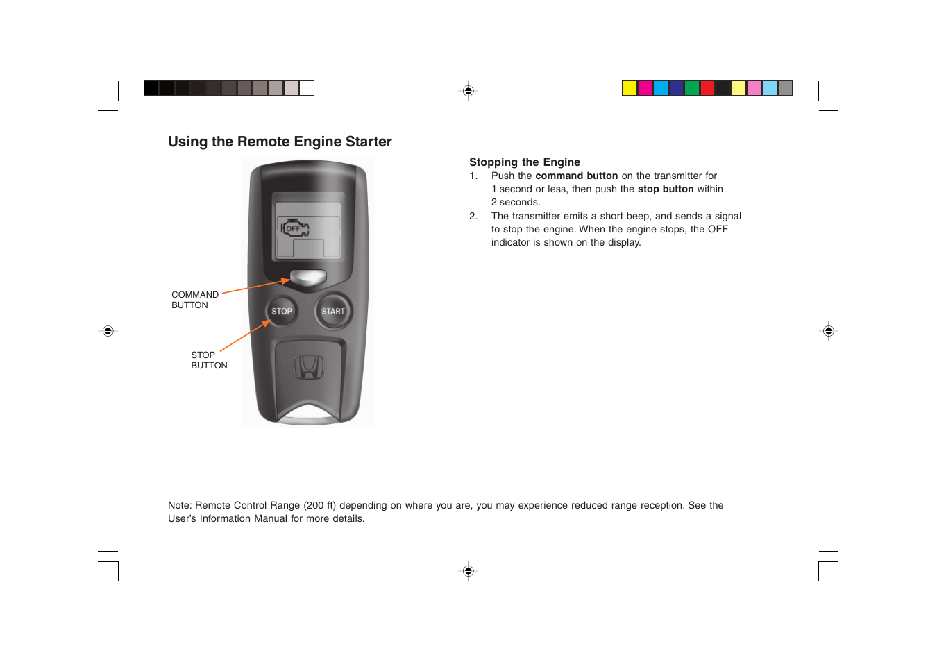 Using the remote engine starter | HONDA 1981 Civic Sedan (Remote Engine Starter) - Quick Start Guide User Manual | Page 4 / 6