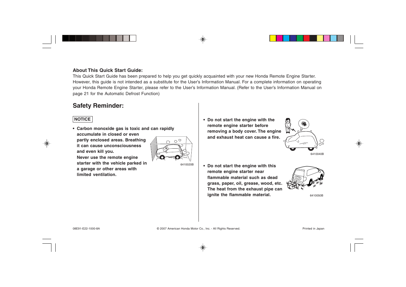 Safety reminder | HONDA 1981 Civic Sedan (Remote Engine Starter) - Quick Start Guide User Manual | Page 6 / 6