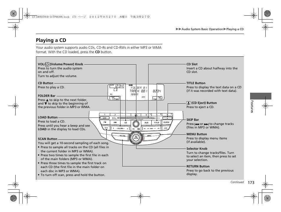 Playing a cd | HONDA 2013 Crosstour - Owner's Manual User Manual | Page 175 / 571