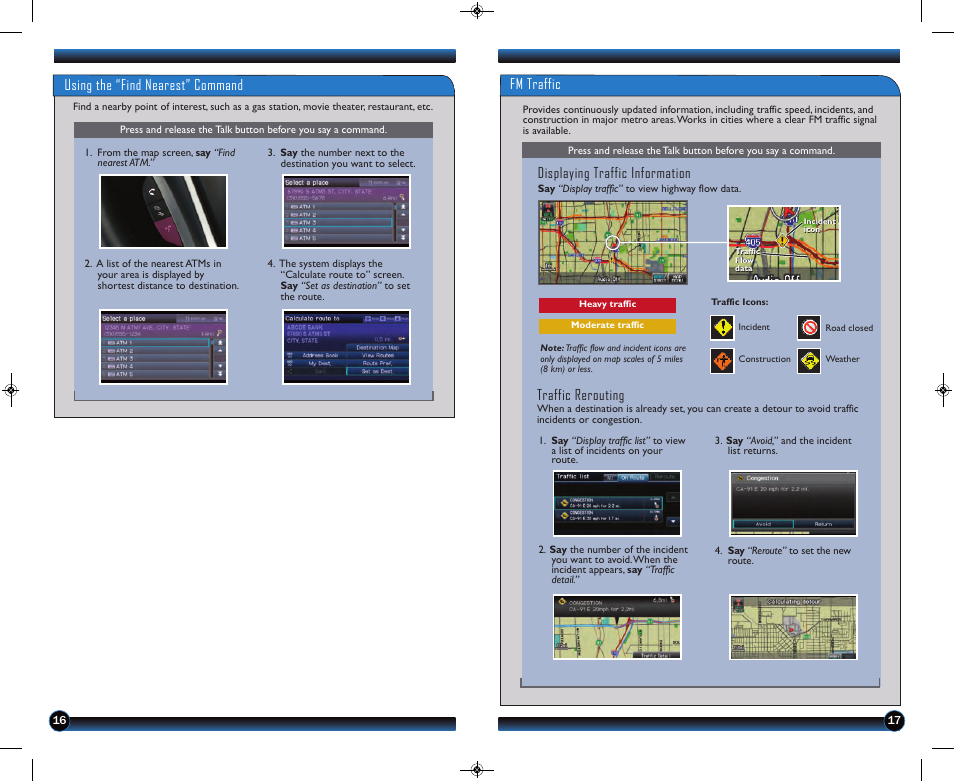 Fm traffic, Using the “find nearest” command, Displaying traffic information | Traffic rerouting | HONDA 2013 CR-V (EX-L with Navigation) - Technology Reference Guide User Manual | Page 10 / 16