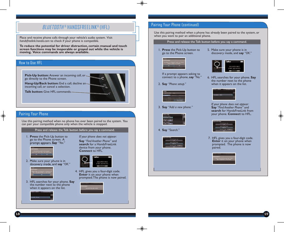 P. 18, Bluetooth, Handsfreelink | Hfl) | HONDA 2013 CR-V (EX-L with Navigation) - Technology Reference Guide User Manual | Page 11 / 16