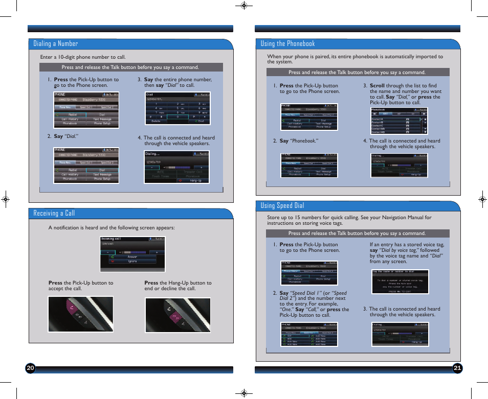 Using the phonebook, Using speed dial, Dialing a number receiving a call | HONDA 2013 CR-V (EX-L with Navigation) - Technology Reference Guide User Manual | Page 12 / 16