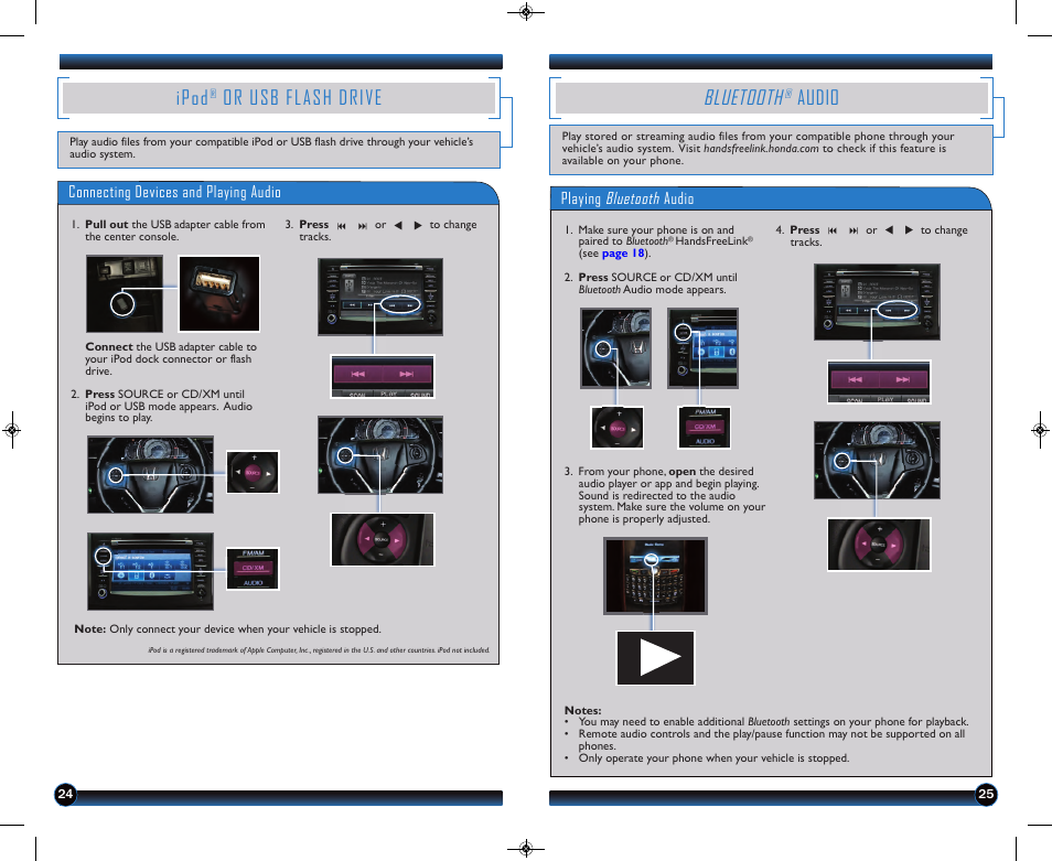 P.24, Ipod, Or usb flash drive | Bluetooth, Audio | HONDA 2013 CR-V (EX-L with Navigation) - Technology Reference Guide User Manual | Page 14 / 16