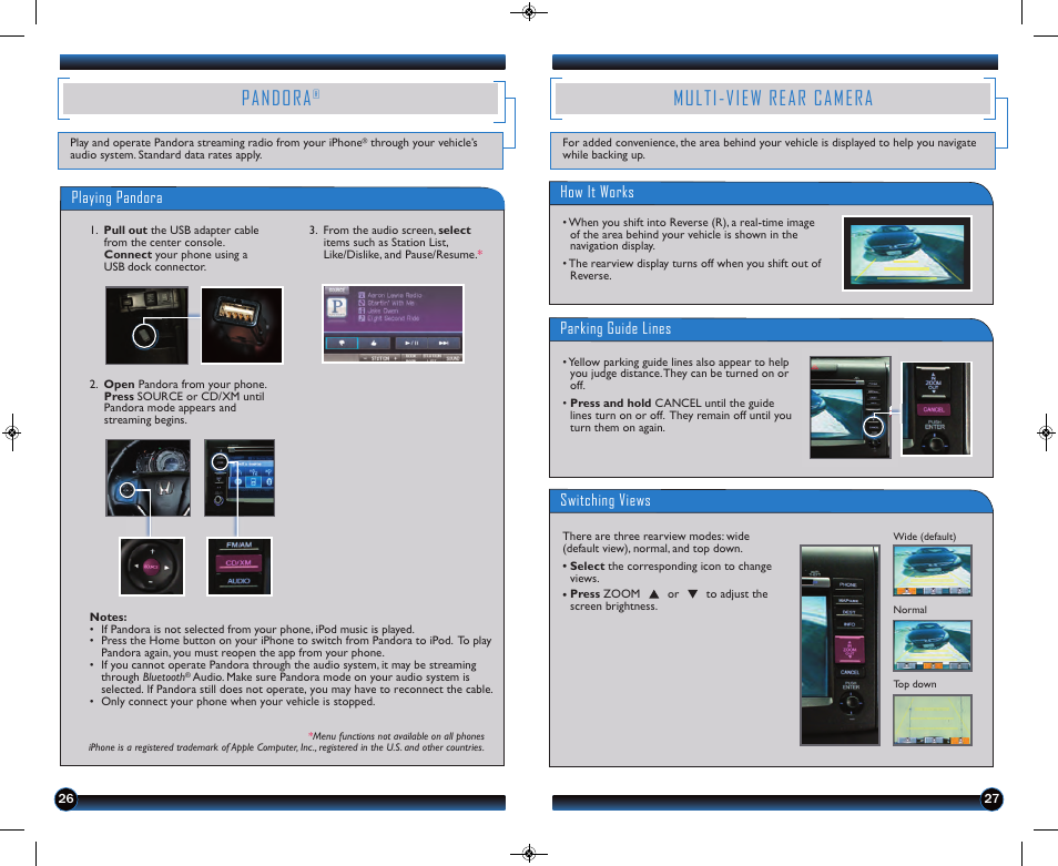Pandora, Multi-view rear camera, Parking guide lines how it works | Switching views playing pandora | HONDA 2013 CR-V (EX-L with Navigation) - Technology Reference Guide User Manual | Page 15 / 16