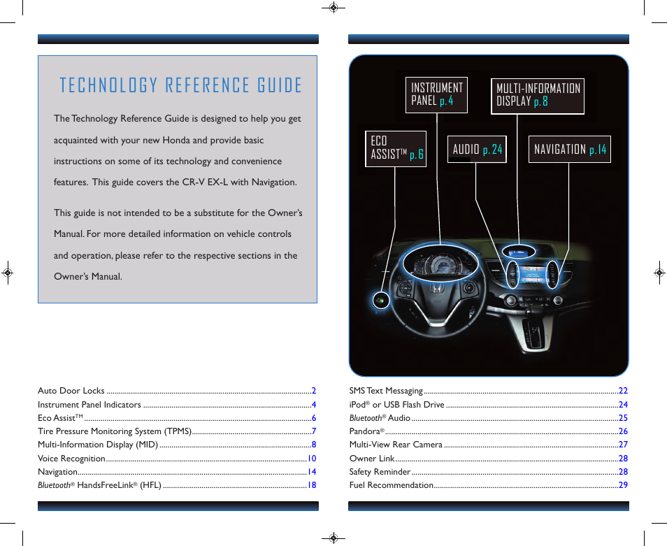 Technology reference guide, P.6 multi-information display p.8 | HONDA 2013 CR-V (EX-L with Navigation) - Technology Reference Guide User Manual | Page 2 / 16