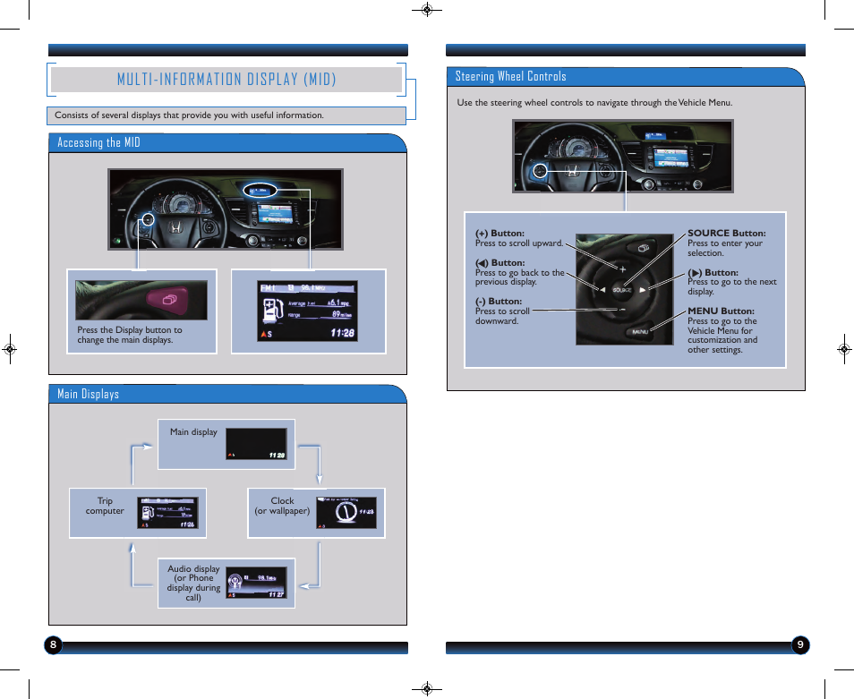 Multi-information display (mid), Accessing the mid main displays, Steering wheel controls | HONDA 2013 CR-V (EX-L with Navigation) - Technology Reference Guide User Manual | Page 6 / 16
