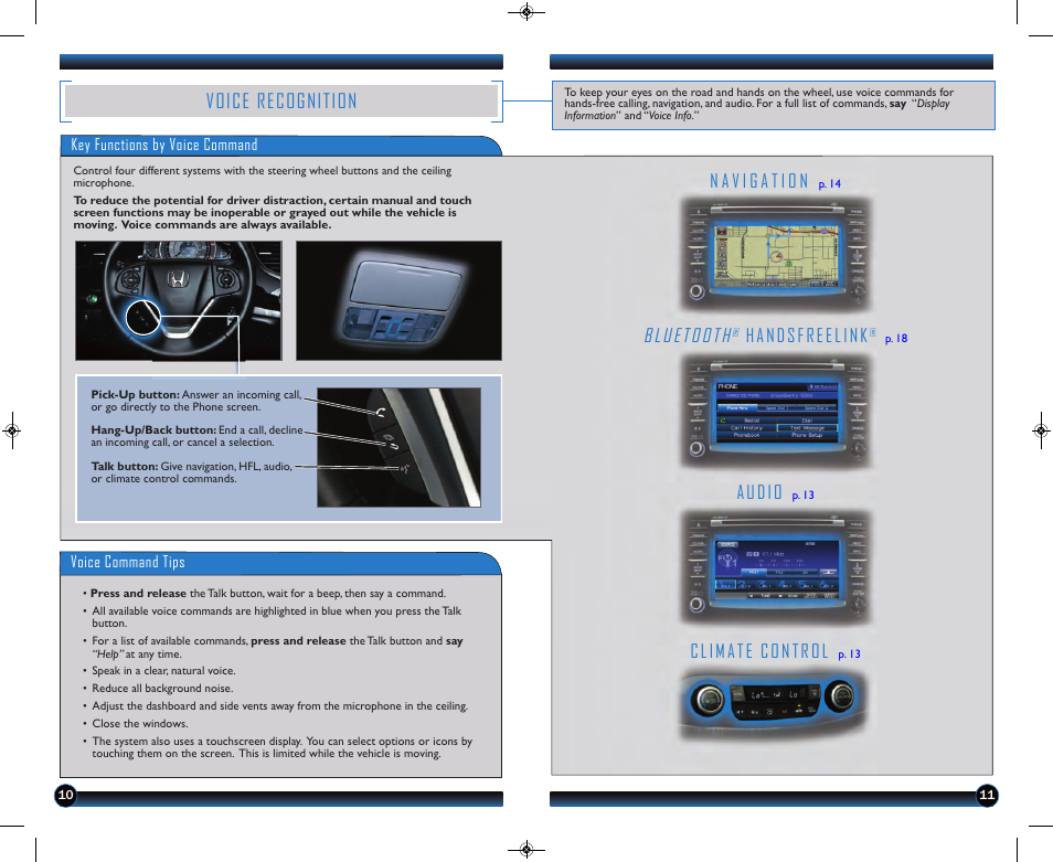 Voice recognition, Bluetooth, Audio | Climate control, Handsfreelink | HONDA 2013 CR-V (EX-L with Navigation) - Technology Reference Guide User Manual | Page 7 / 16