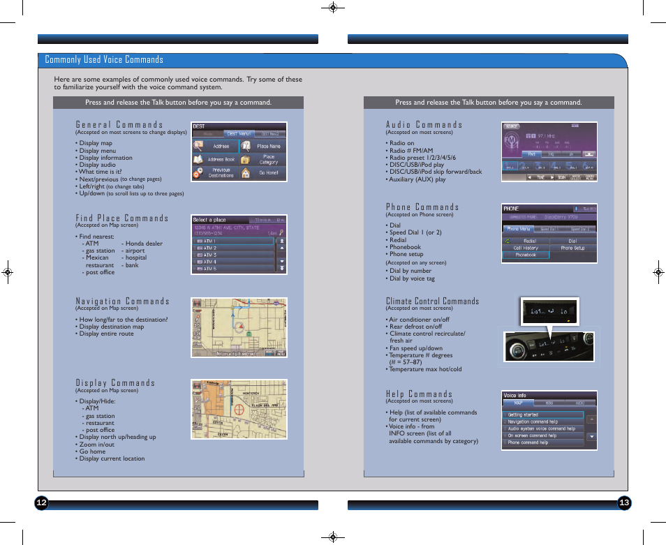 P. 13, Commonly used voice commands, Climate control commands | HONDA 2013 CR-V (EX-L with Navigation) - Technology Reference Guide User Manual | Page 8 / 16