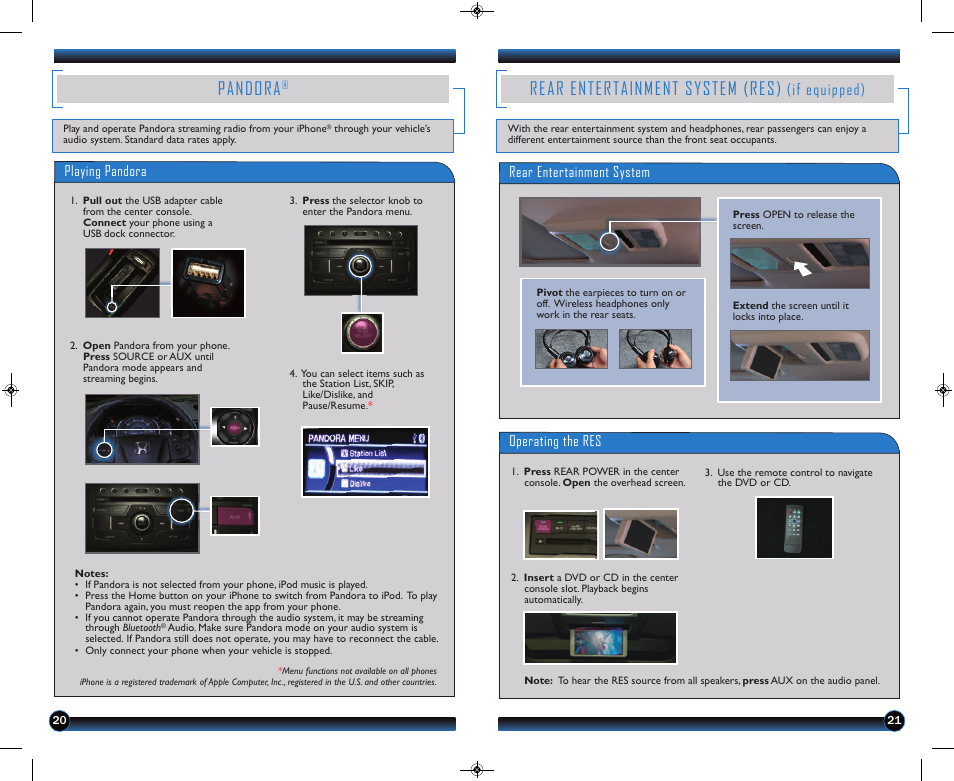 Pandora, Rear entertainment system (res), If equipped) | HONDA 2013 CR-V (LX, EX, EX-L, EX-L w/ RES) - Technology Reference Guide User Manual | Page 12 / 13