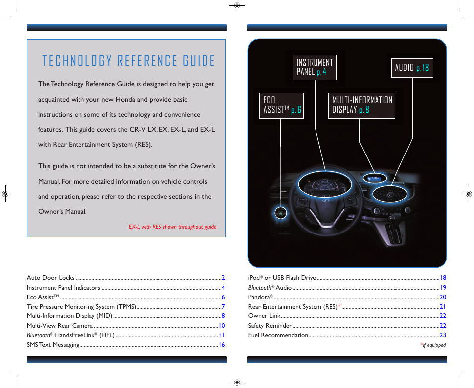 Technology reference guide, Audi o p.18 instrument pane l p.4 eco assist, P.6 multi-information display p.8 | HONDA 2013 CR-V (LX, EX, EX-L, EX-L w/ RES) - Technology Reference Guide User Manual | Page 2 / 13