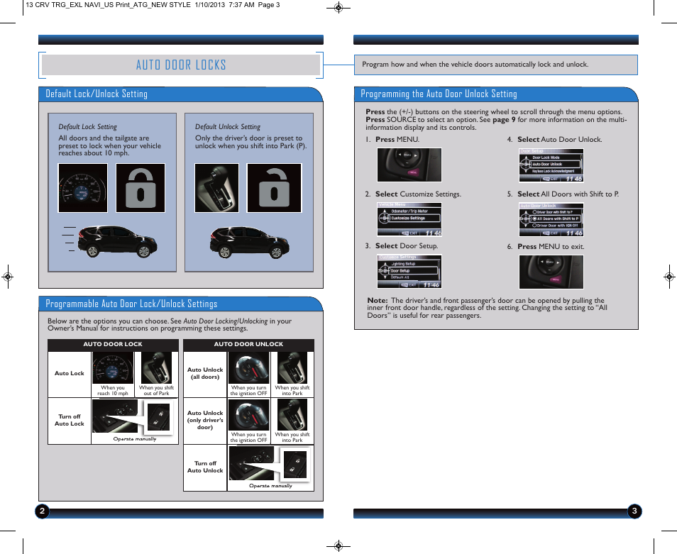 Auto door locks, Programmable auto door lock/unlock settings | HONDA 2013 CR-V (LX, EX, EX-L, EX-L w/ RES) - Technology Reference Guide User Manual | Page 3 / 13