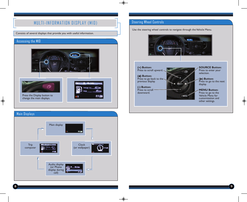Multi-information display (mid), Accessing the mid main displays, Steering wheel controls | HONDA 2013 CR-V (LX, EX, EX-L, EX-L w/ RES) - Technology Reference Guide User Manual | Page 6 / 13