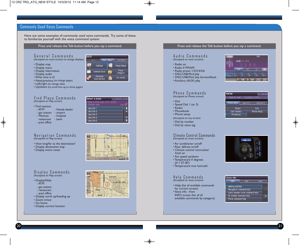 Commonly used voice commands, Climate control commands | HONDA 2013 CR-Z - Technology Reference Guide User Manual | Page 12 / 22