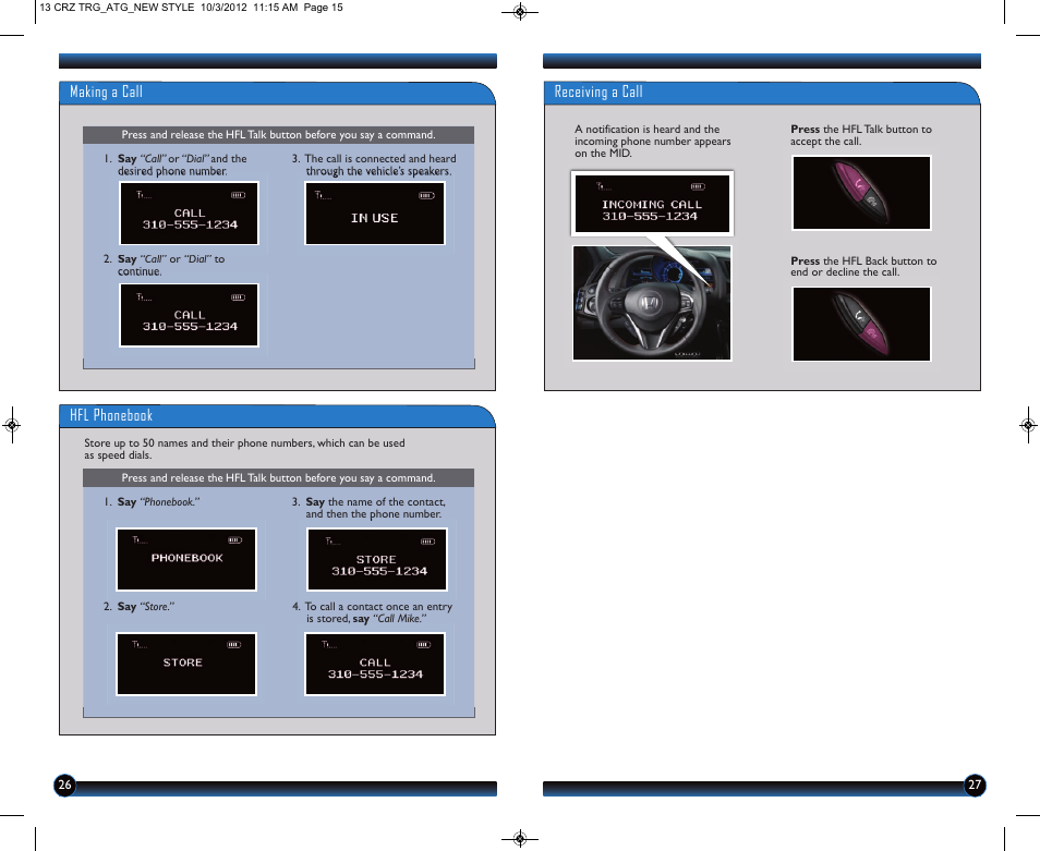 Making a call, Receiving a call, Hfl phonebook | HONDA 2013 CR-Z - Technology Reference Guide User Manual | Page 15 / 22