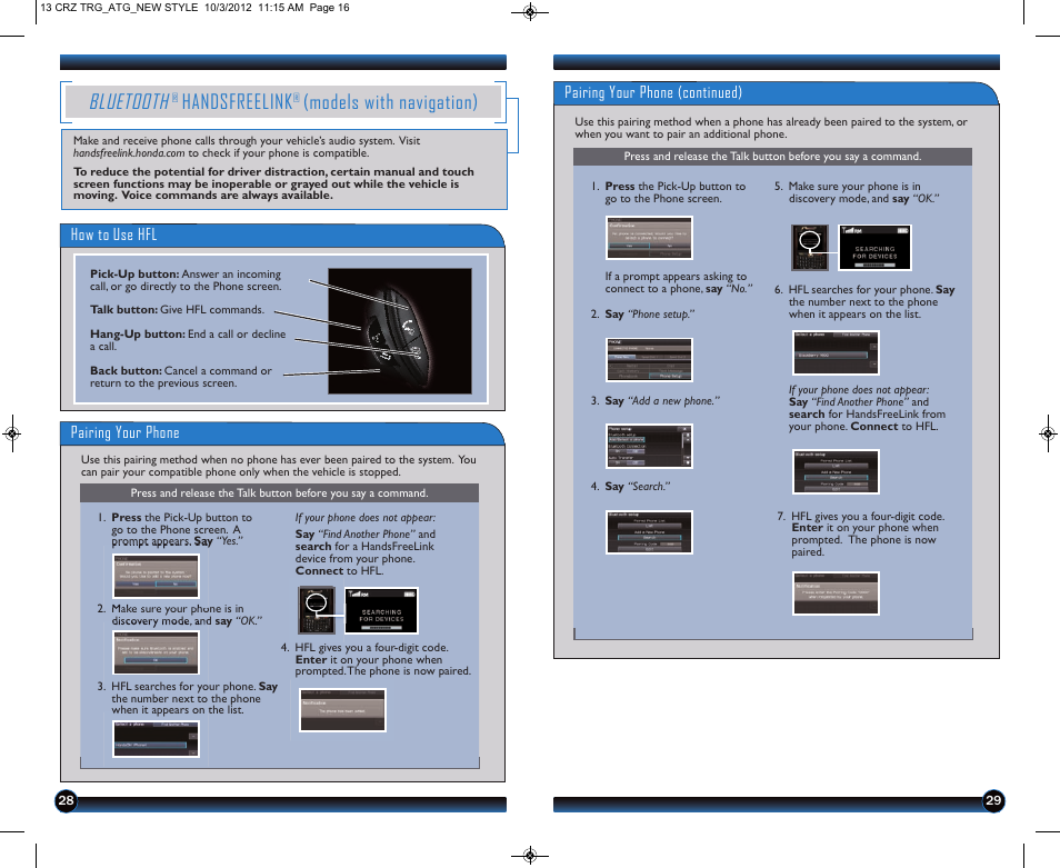 Bluetooth, Handsfreelink, Models with navigation) | HONDA 2013 CR-Z - Technology Reference Guide User Manual | Page 16 / 22