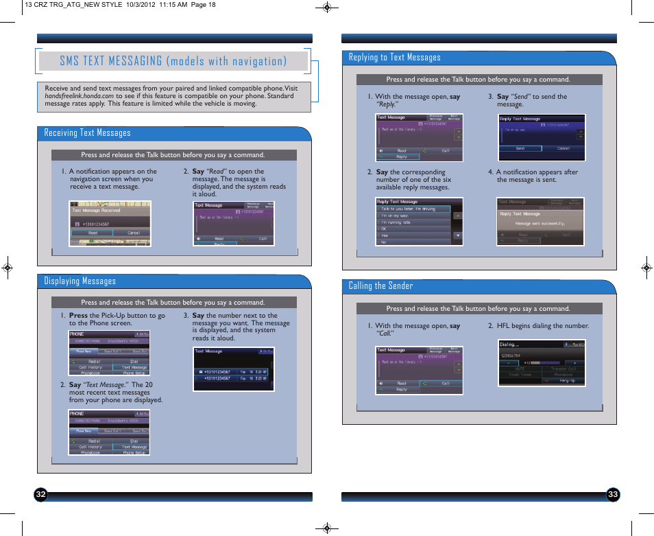 Sms text messaging (models with navigation), Replying to text messages, Calling the sender | Receiving text messages displaying messages | HONDA 2013 CR-Z - Technology Reference Guide User Manual | Page 18 / 22