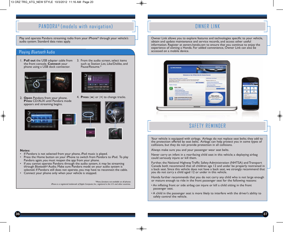 Owner link, Safety reminder, Pandora | Models with navigation), Playing bluetooth audio | HONDA 2013 CR-Z - Technology Reference Guide User Manual | Page 20 / 22