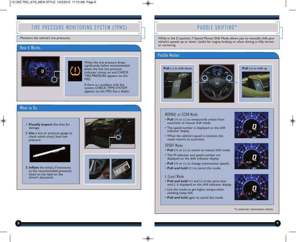 Paddle shifting, Tire pressure monitoring system (tpms) | HONDA 2013 CR-Z - Technology Reference Guide User Manual | Page 6 / 22