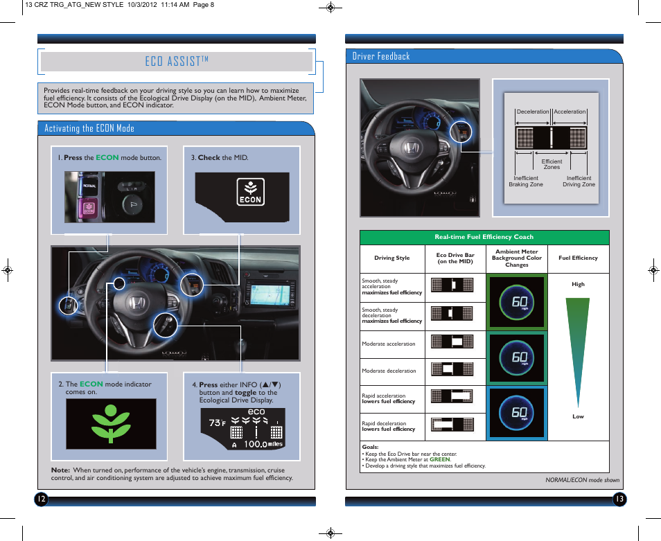 Eco assist, Activating the econ mode, Driver feedback | HONDA 2013 CR-Z - Technology Reference Guide User Manual | Page 8 / 22