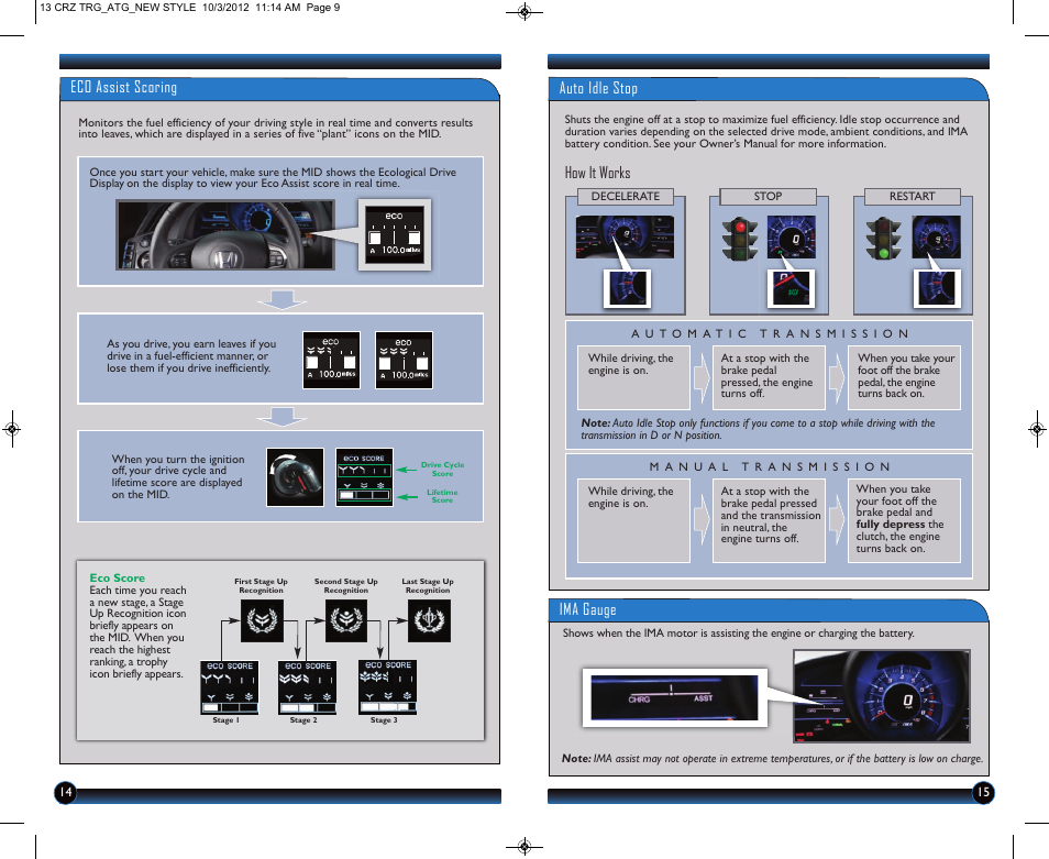 Eco assist scoring, Auto idle stop, How it works ima gauge | HONDA 2013 CR-Z - Technology Reference Guide User Manual | Page 9 / 22