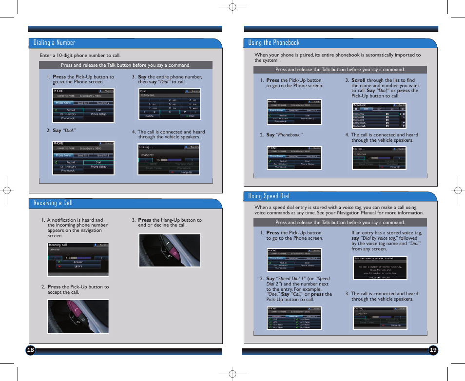Dialing a number receiving a call, Using the phonebook, Using speed dial | HONDA 2013 Fit - Technology Reference Guide User Manual | Page 11 / 13