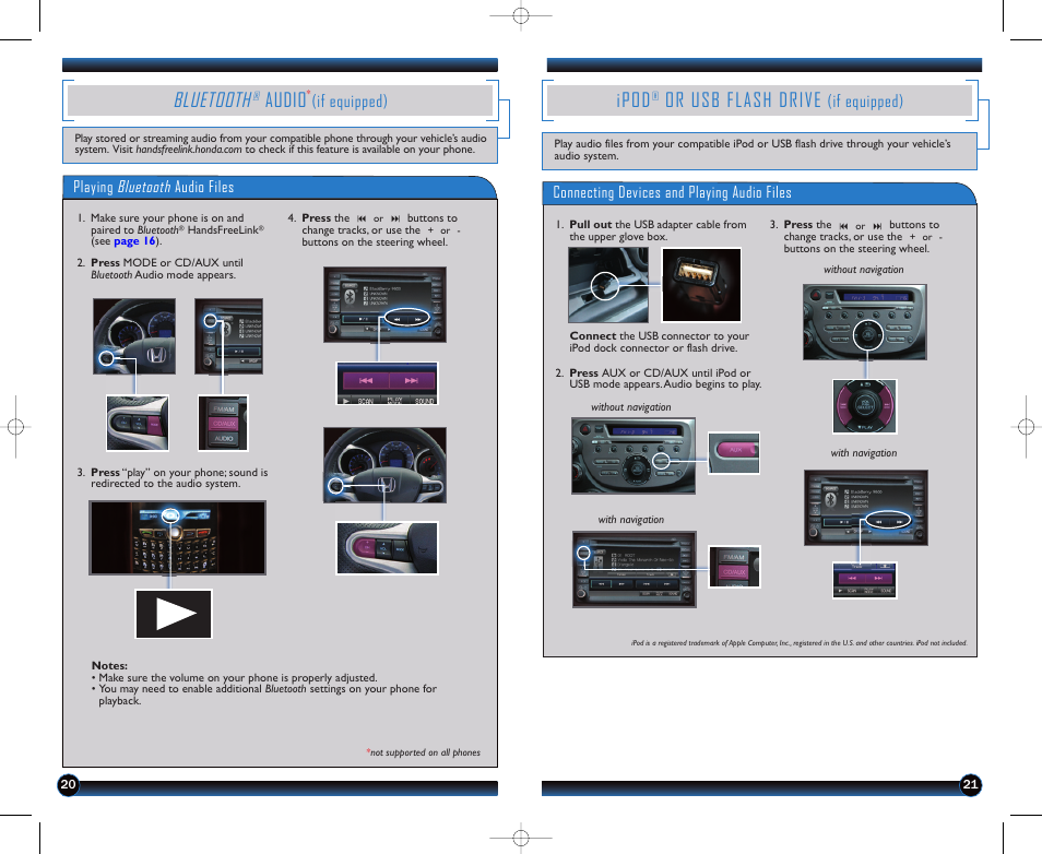 P.20, Bluetooth, Ipod | Or usb flash drive, Audio, If equipped) | HONDA 2013 Fit - Technology Reference Guide User Manual | Page 12 / 13