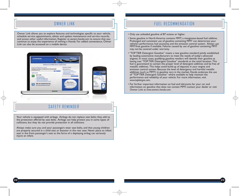 Fuel recommendation, Owner link, Safety reminder | HONDA 2013 Fit - Technology Reference Guide User Manual | Page 13 / 13