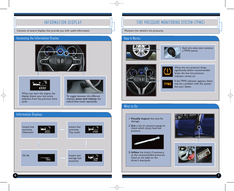 Information display, Tire pressure monitoring system (tpms) | HONDA 2013 Fit - Technology Reference Guide User Manual | Page 5 / 13