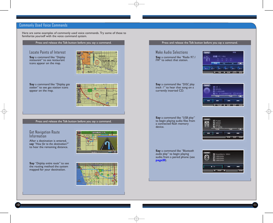 Commonly used voice commands, Locate points of interest, Get navigation route information | Make audio selections | HONDA 2013 Fit - Technology Reference Guide User Manual | Page 7 / 13