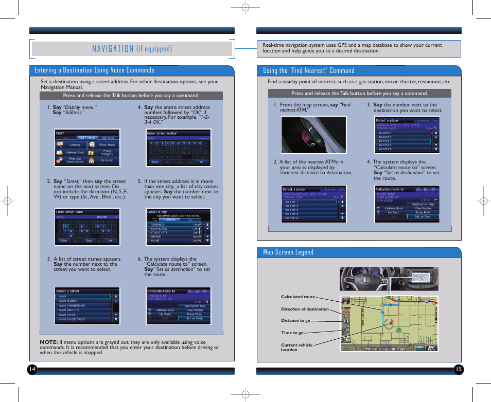 P.14, Navigation, If equipped) | Map screen legend, Using the “find nearest” command, Entering a destination using voice commands | HONDA 2013 Fit - Technology Reference Guide User Manual | Page 9 / 13