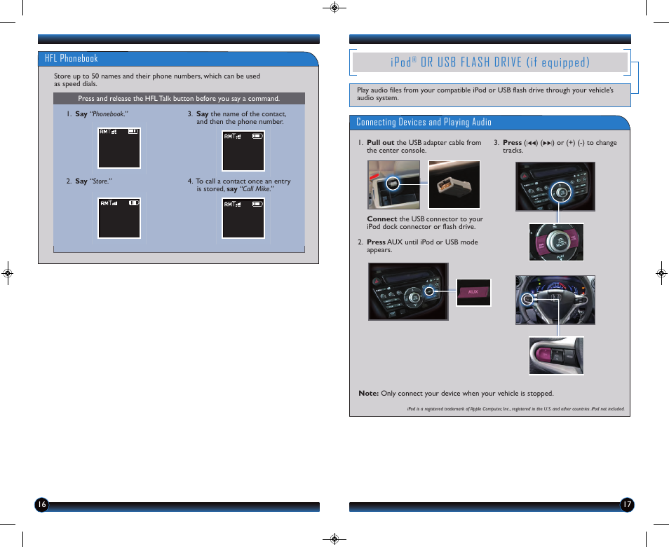 P.17, Ipod, Or usb flash drive (if equipped) | Hfl phonebook, Connecting devices and playing audio | HONDA 2013 Insight - Technology Reference Guide User Manual | Page 10 / 11