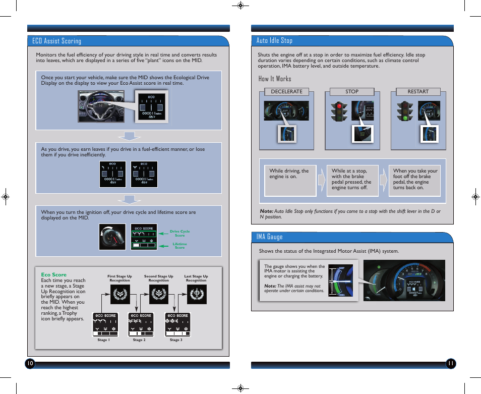 Eco assist scoring, Ima gauge auto idle stop, How it works | HONDA 2013 Insight - Technology Reference Guide User Manual | Page 7 / 11