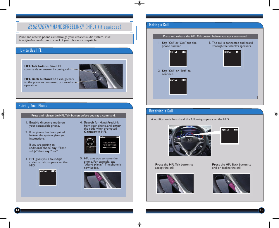 P.14, Bluetooth, Handsfreelink | Hfl), If equipped, How to use hfl pairing your phone, Making a call, Receiving a call | HONDA 2013 Insight - Technology Reference Guide User Manual | Page 9 / 11