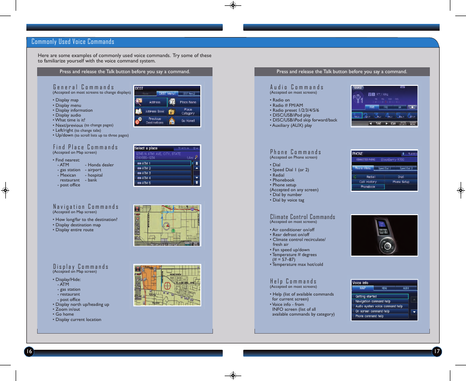 P. 17, Commonly used voice commands, Climate control commands | HONDA 2013 Insight (with Navigation) - Technology Reference Guide User Manual | Page 10 / 16